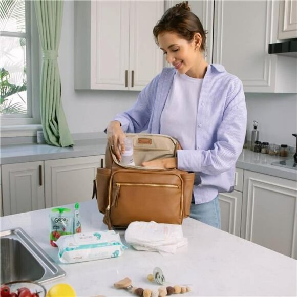 Leather Diaper Bag Backpack Large Baby Bag with Insulated Pockets Brown - Picture 2 of 7
